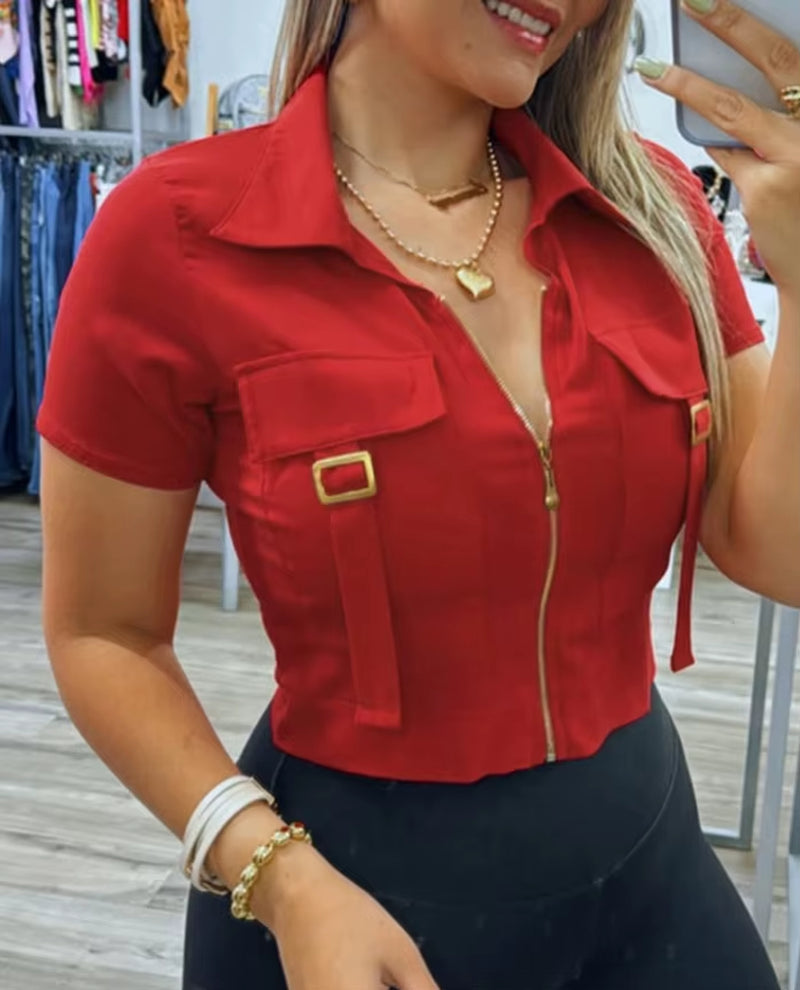 Women'S Elegant T-Shirt 2024 Spring Summer Latest Casual Solid Puff Sleeve Zip Front Top Commuting Elegant Short Sleeve Blouses
