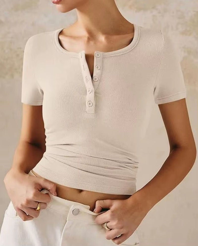 Women'S Elegant T-Shirt 2024 Spring Summer Latest Casual Solid Puff Sleeve Zip Front Top Commuting Elegant Short Sleeve Blouses