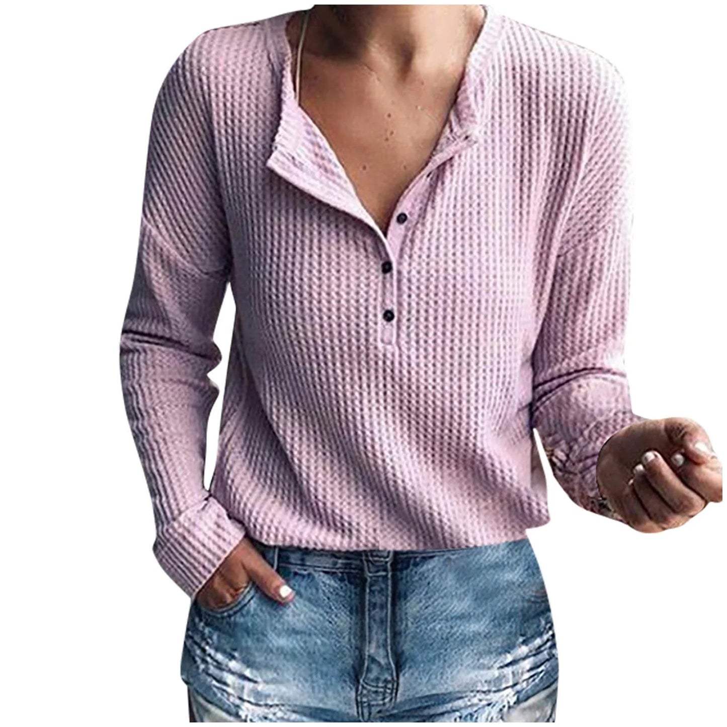 Daily Deals Women'S Waffle Knit Tunic Tops Loose Long Sleeve Button V Neck Blouses 2025 Spring Summer Casual Solid Color Henley Shirts,Green,S